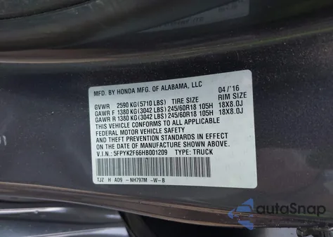 2017 Honda Ridgeline Rtl-T from USA, damaged, VIN 5FPYK2F66HB001209